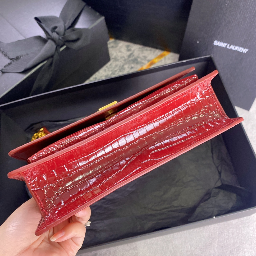 YSL SUNSET CHAIN WALLET IN CROCODILE-EMBOSSED SHINY LEATHER RED 7.4 X 5.5 X 2.1 INCHES