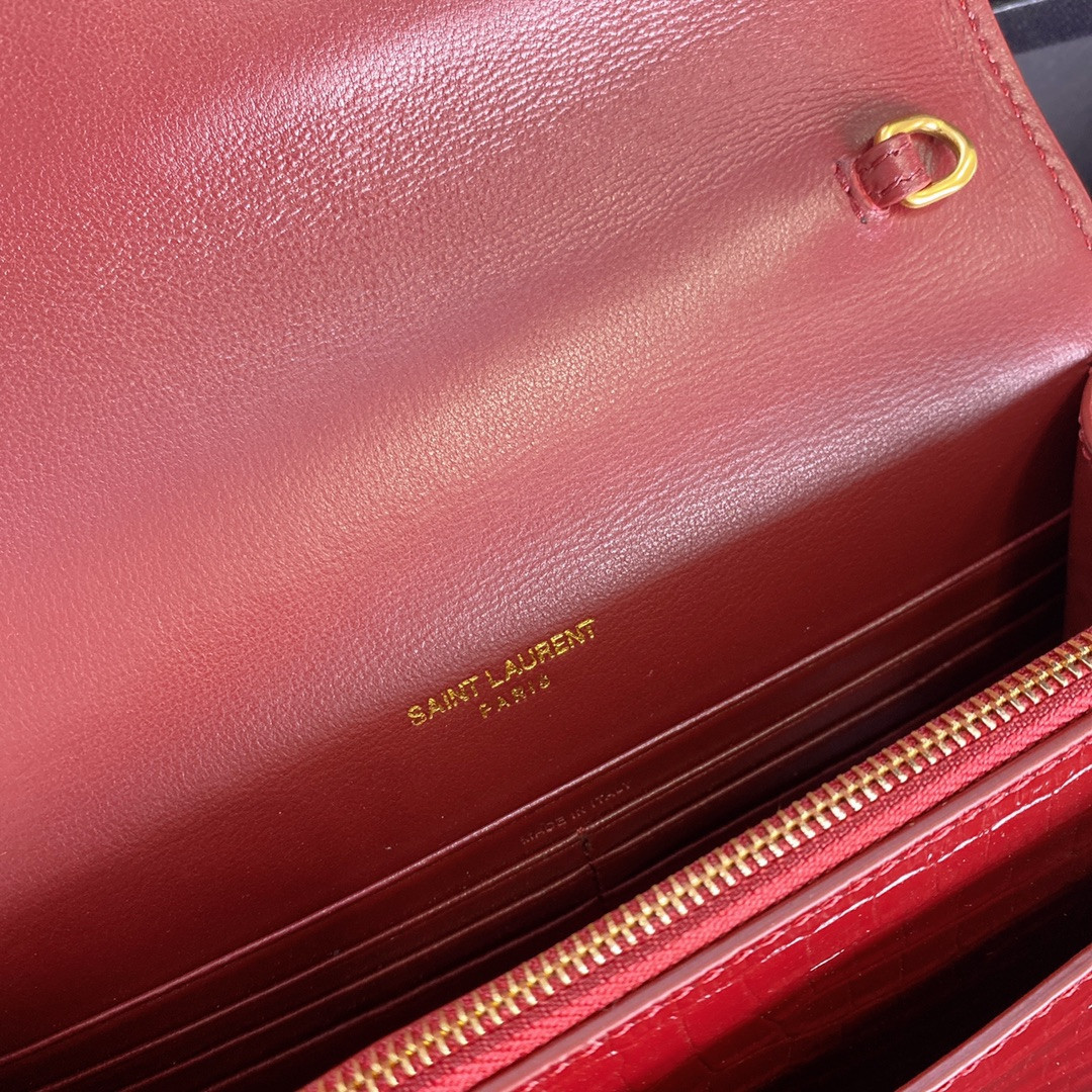 YSL SUNSET CHAIN WALLET IN CROCODILE-EMBOSSED SHINY LEATHER RED 7.4 X 5.5 X 2.1 INCHES