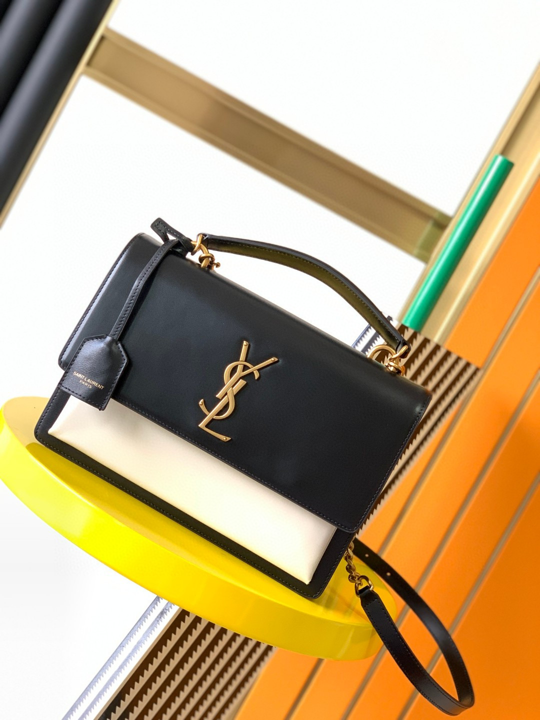 YSL SUNSET LARGE IN SMOOTH LEATHER BLACK WHITE 10.6 X 7 X 3.1 INCHES