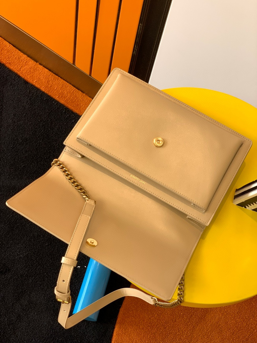 YSL SUNSET LARGE IN SMOOTH LEATHER BEIGE 10.6 X 7 X 3.1 INCHES