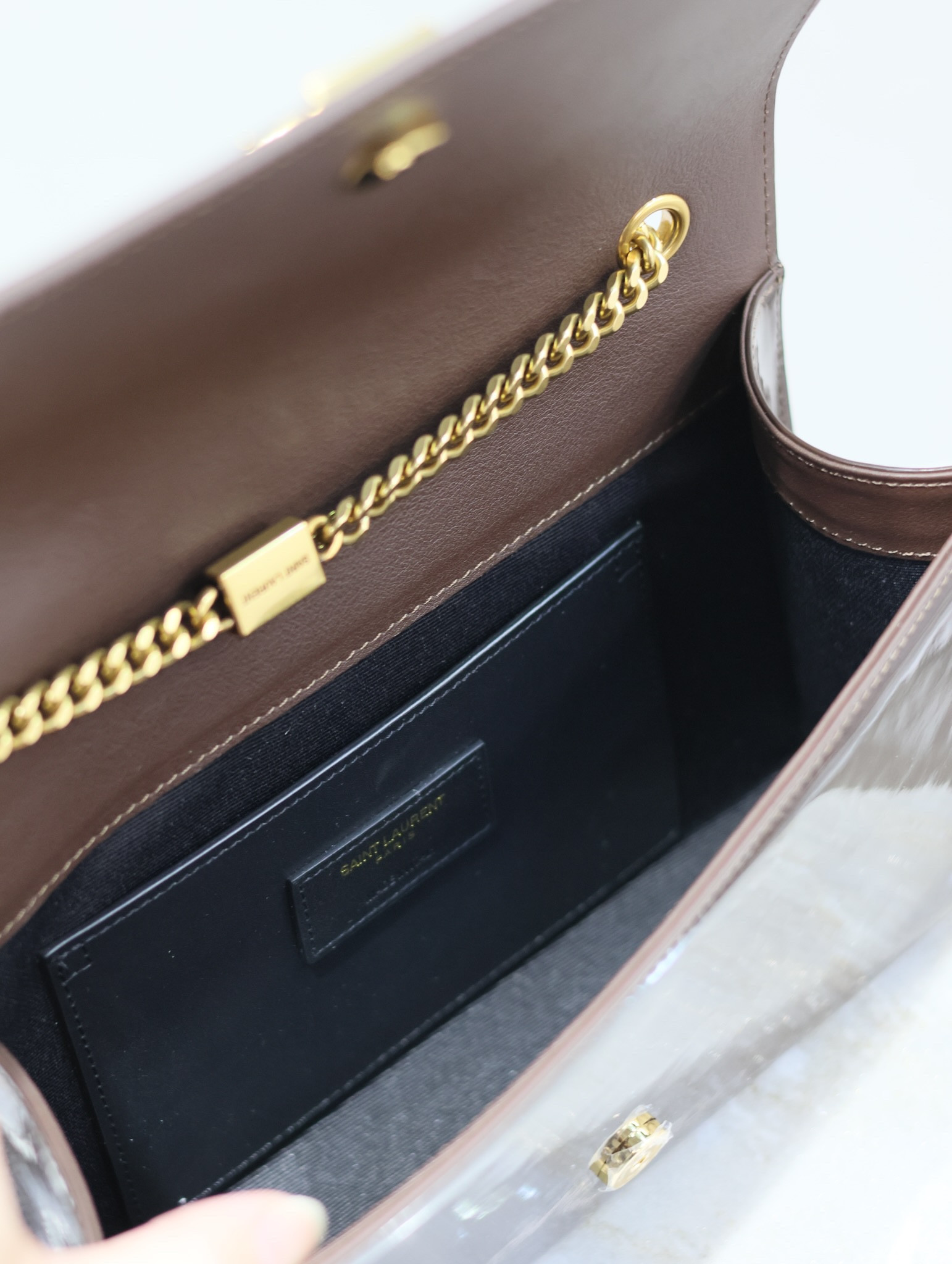 YSL KATE MEDIUM IN SHINY LEATHER BROWN 9.4 X 5.7 X 2.1 INCHES