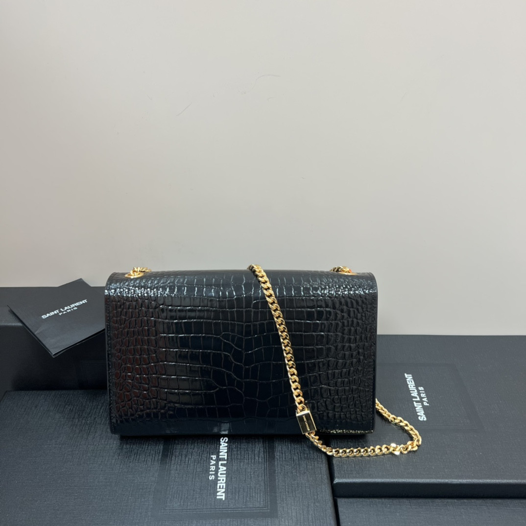 YSL KATE MEDIUM IN CROCODILE-EMBOSSED LEATHER BLACK 9.4 X 5.7 X 2.1 INCHES