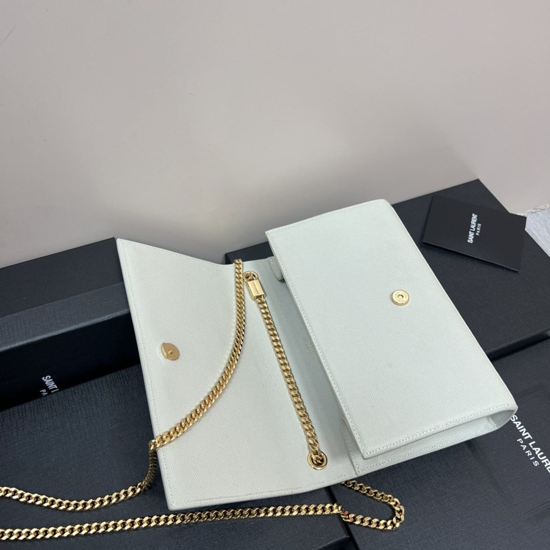 YSL KATE MEDIUM IN GRAIN DE POUDRE EMBOSSED LEATHER WHITE GOLD 9.4 X 5.7 X 2.1 INCHES