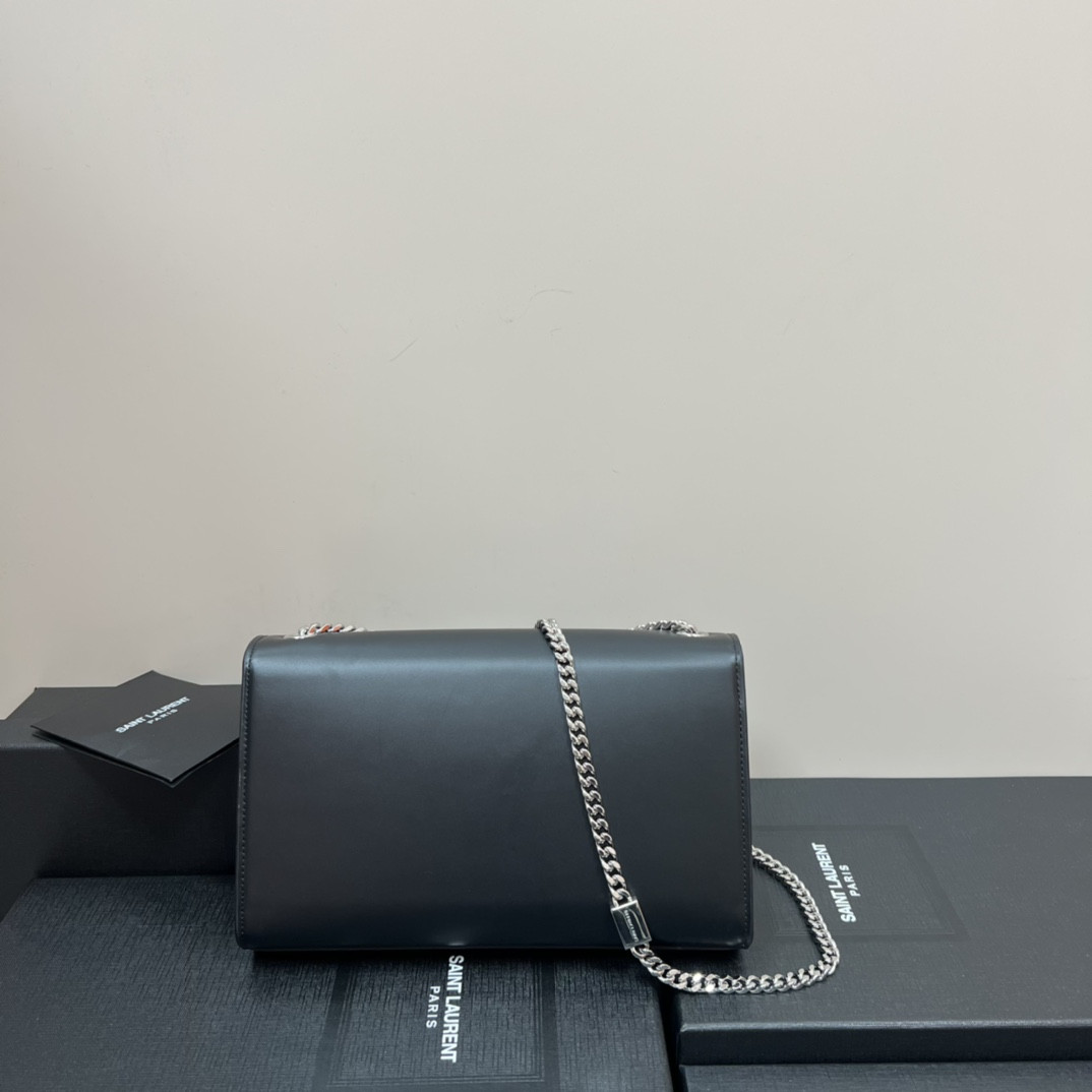 YSL KATE MEDIUM IN SMOOTH LEATHER BLACK SILVER 9.4 X 5.7 X 2.1 INCHES