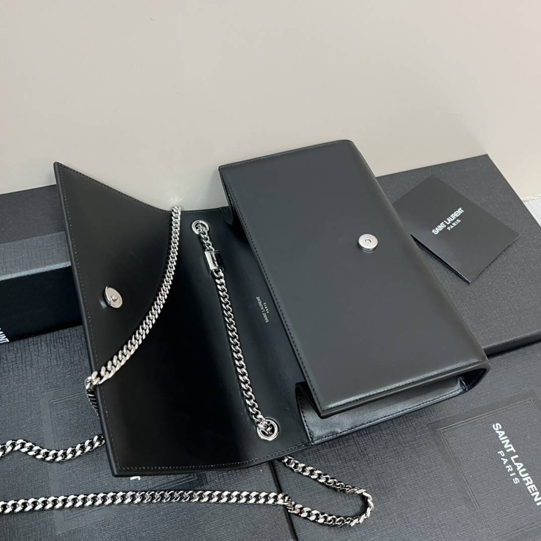 YSL KATE MEDIUM IN SMOOTH LEATHER BLACK SILVER 9.4 X 5.7 X 2.1 INCHES