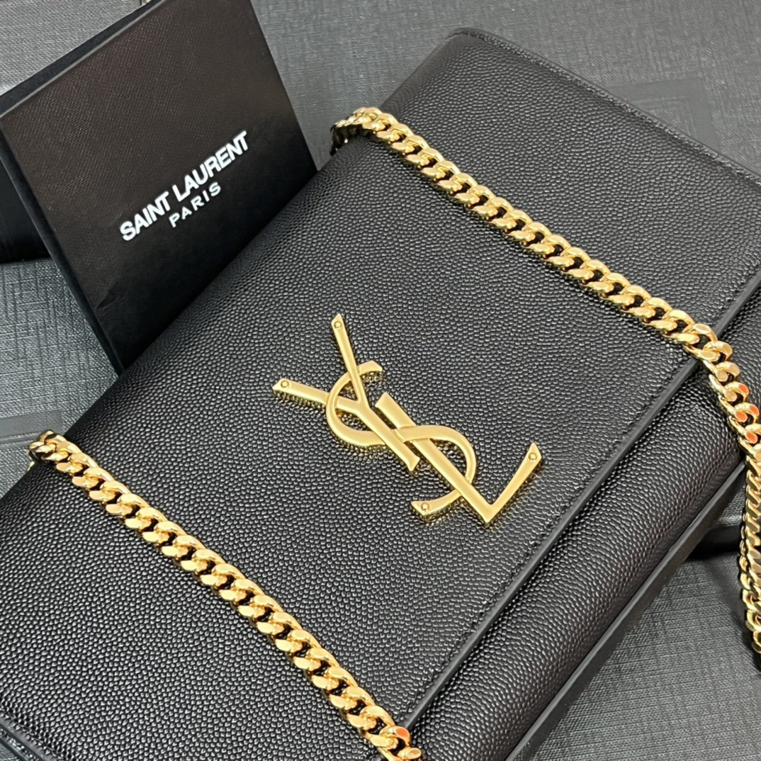 YSL KATE MEDIUM IN GRAIN DE POUDRE EMBOSSED LEATHER BLACK GOLD 9.4 X 5.7 X 2.1 INCHES