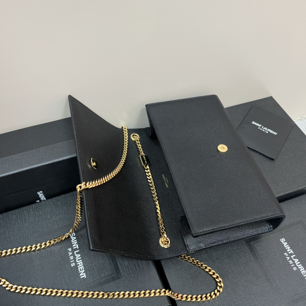 YSL KATE MEDIUM IN GRAIN DE POUDRE EMBOSSED LEATHER BLACK GOLD 9.4 X 5.7 X 2.1 INCHES