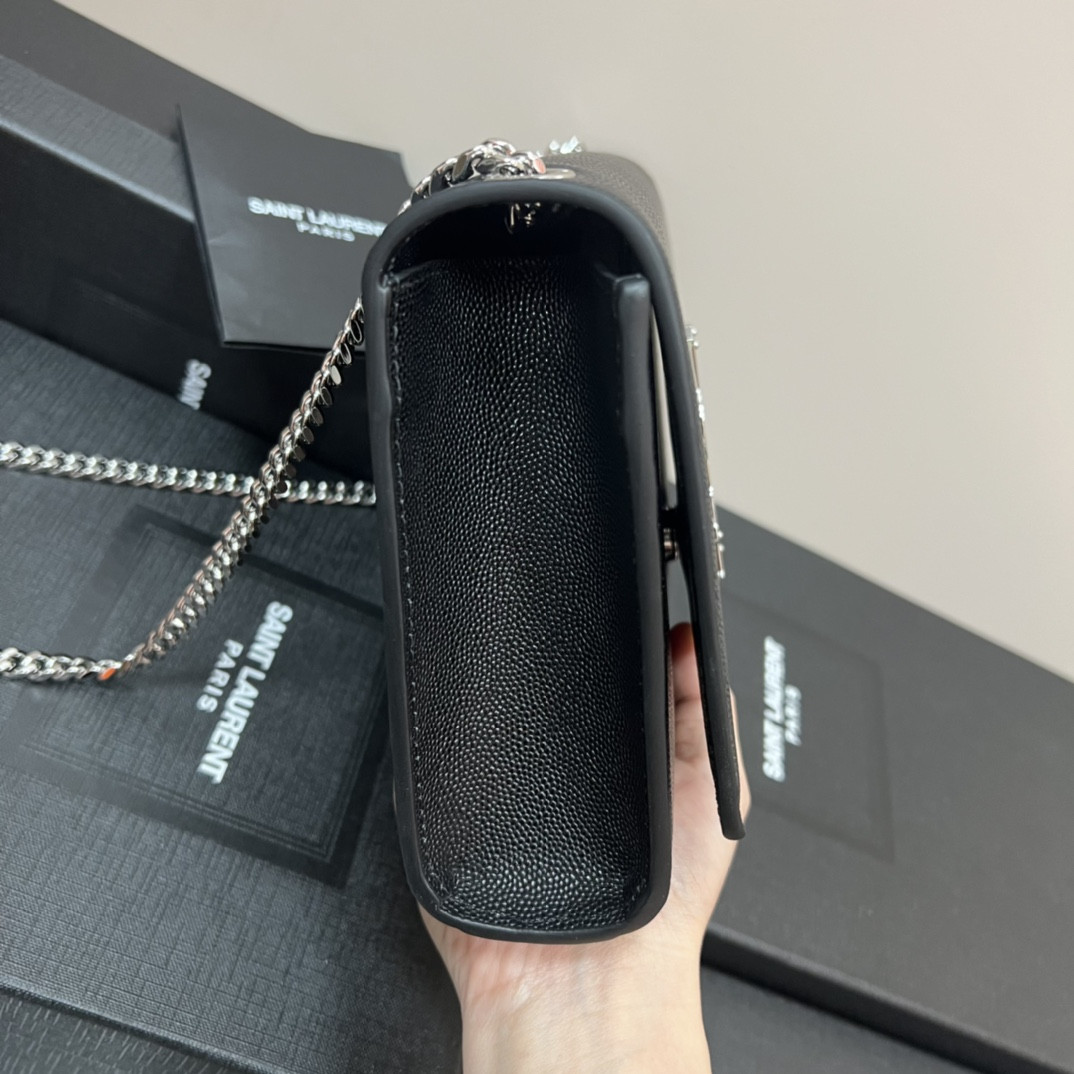 YSL KATE MEDIUM IN GRAIN DE POUDRE EMBOSSED LEATHER BLACK SILVER 9.4 X 5.7 X 2.1 INCHES