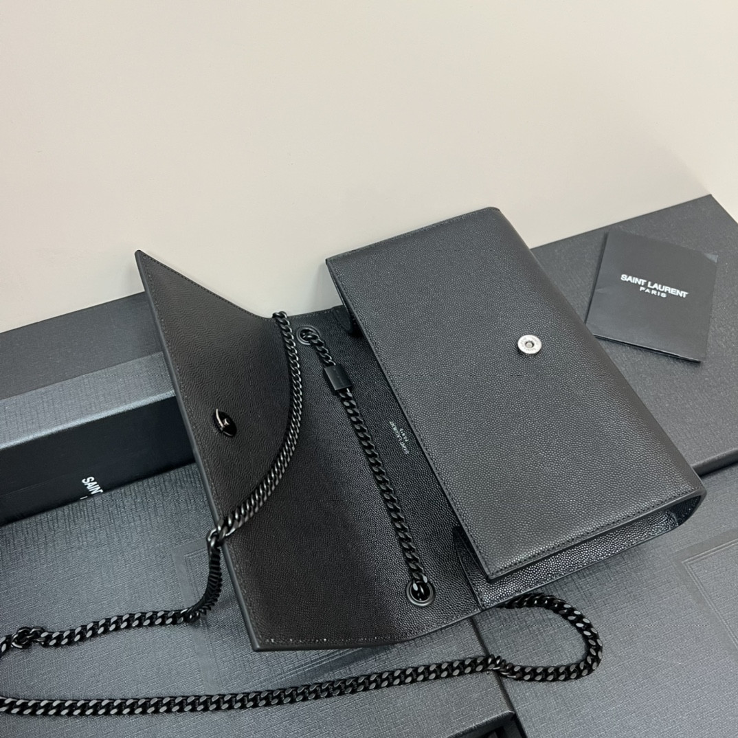 YSL KATE MEDIUM IN GRAIN DE POUDRE EMBOSSED LEATHER ALL BLACK 9.4 X 5.7 X 2.1 INCHES