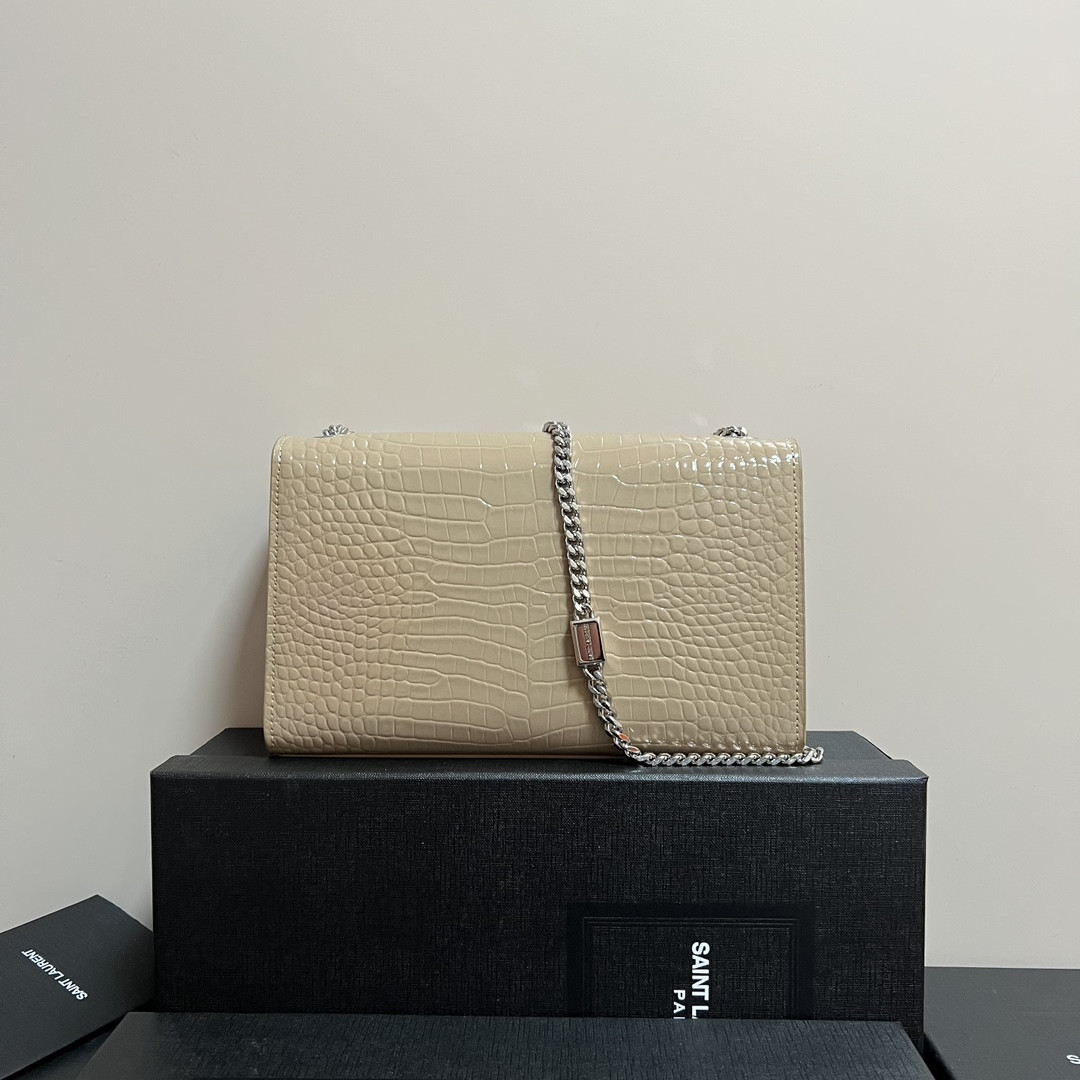YSL KATE MEDIUM TASSEL IN CROCODILE-EMBOSSED LEATHER BEIGE 9.4 X 5.7 X 2.1 INCHES