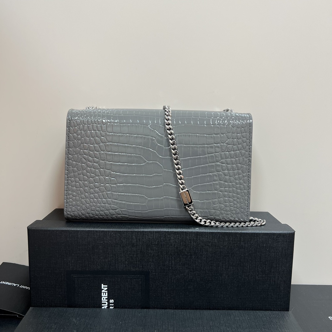 YSL KATE MEDIUM TASSEL IN CROCODILE-EMBOSSED LEATHER GRAY 9.4 X 5.7 X 2.1 INCHES