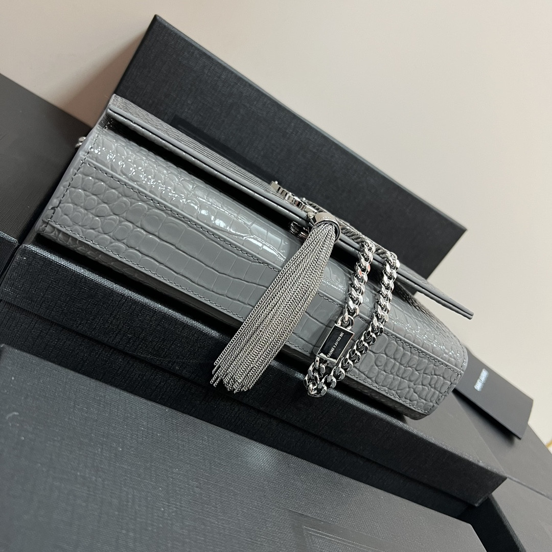 YSL KATE MEDIUM TASSEL IN CROCODILE-EMBOSSED LEATHER GRAY 9.4 X 5.7 X 2.1 INCHES