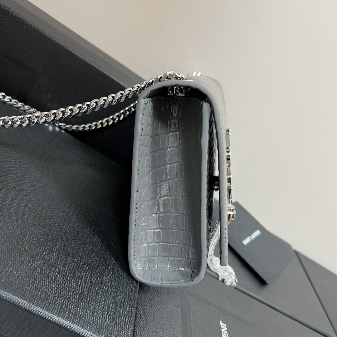 YSL KATE MEDIUM TASSEL IN CROCODILE-EMBOSSED LEATHER GRAY 9.4 X 5.7 X 2.1 INCHES