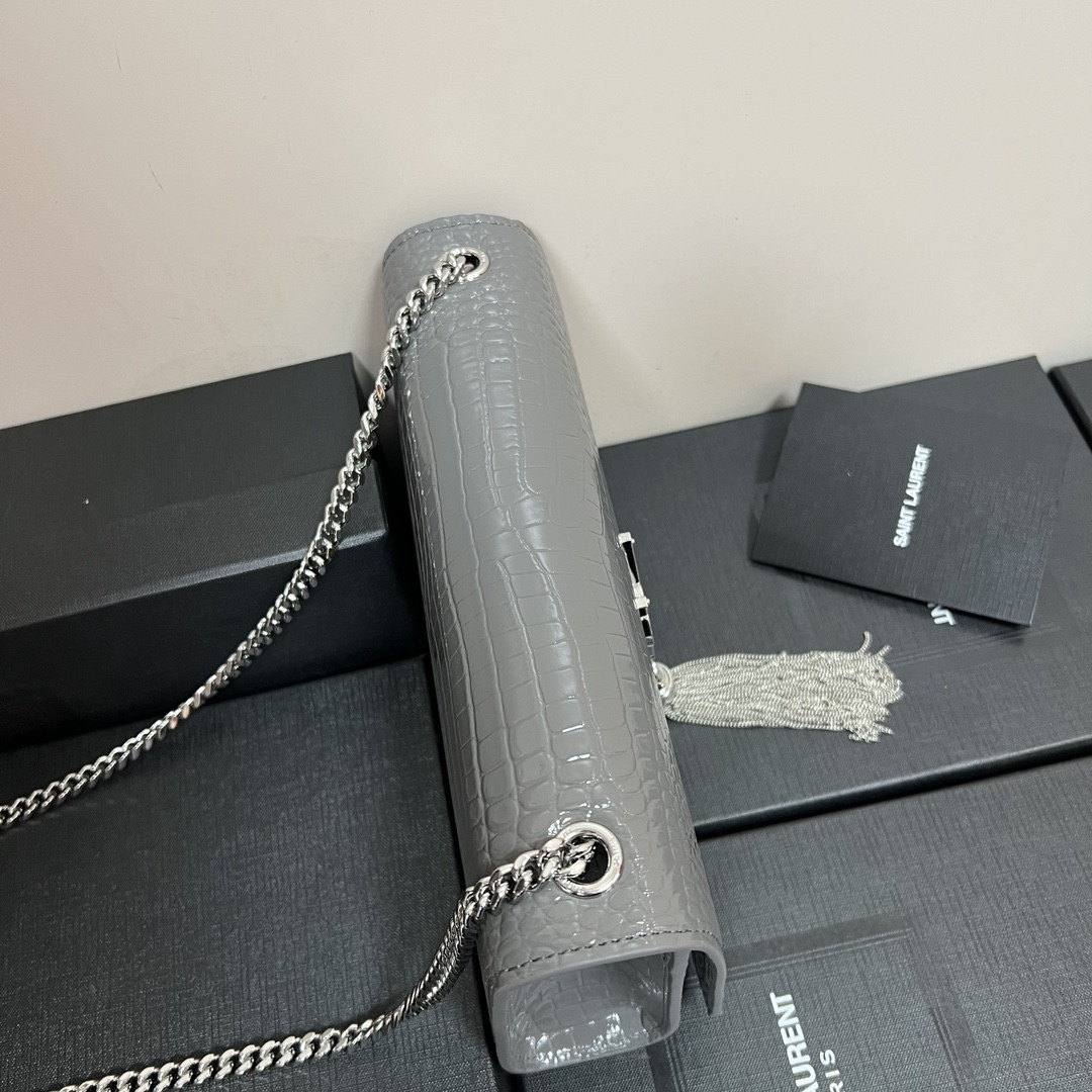 YSL KATE MEDIUM TASSEL IN CROCODILE-EMBOSSED LEATHER GRAY 9.4 X 5.7 X 2.1 INCHES