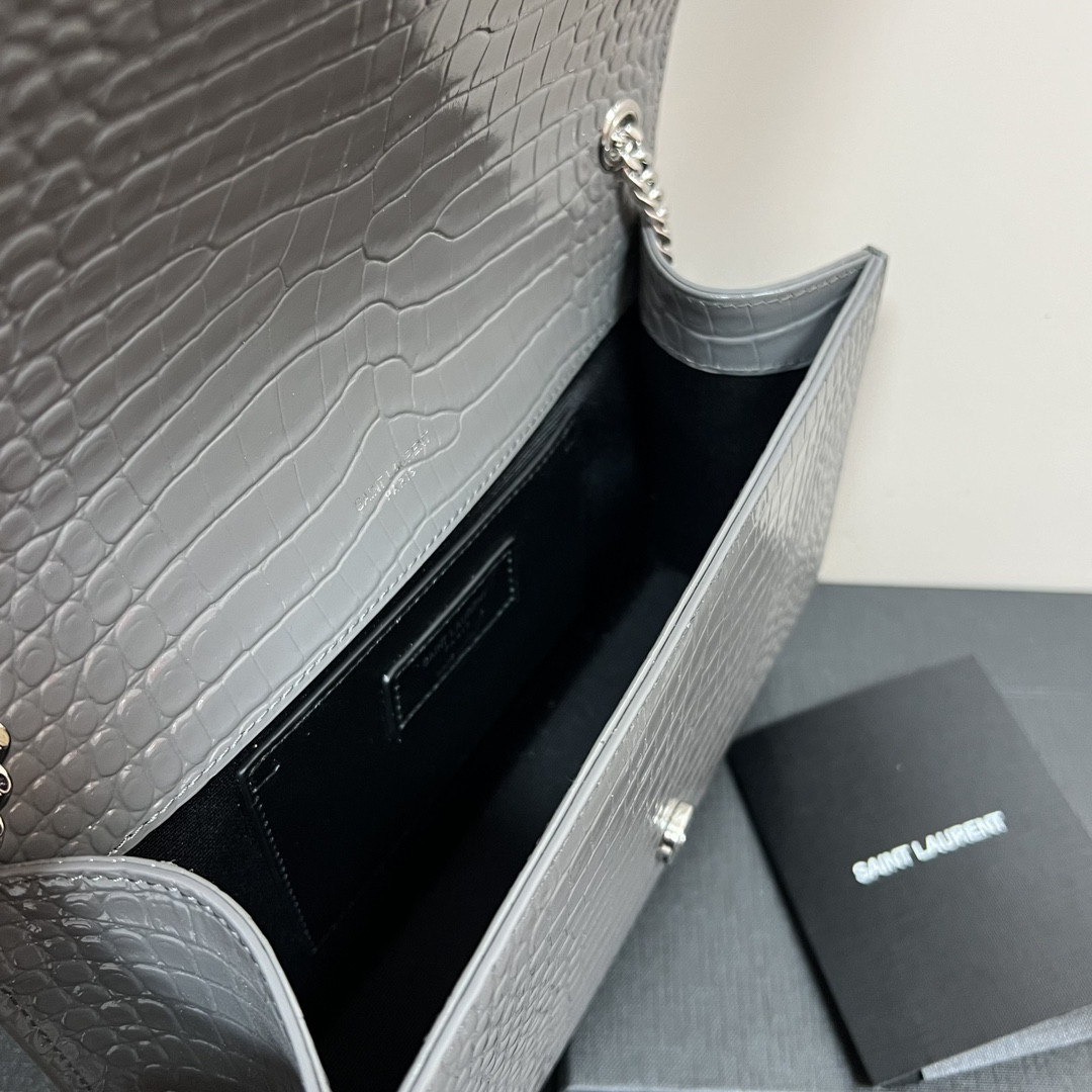 YSL KATE MEDIUM TASSEL IN CROCODILE-EMBOSSED LEATHER GRAY 9.4 X 5.7 X 2.1 INCHES