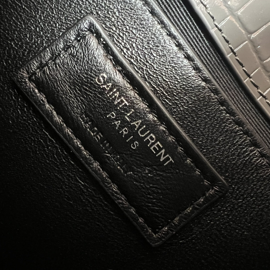 YSL KATE MEDIUM TASSEL IN CROCODILE-EMBOSSED LEATHER GRAY 9.4 X 5.7 X 2.1 INCHES