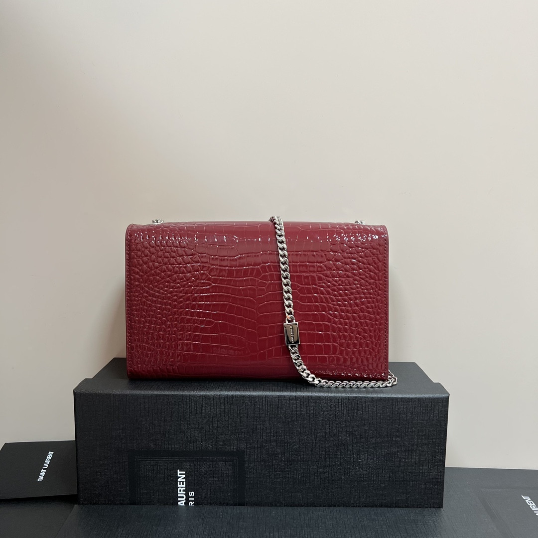 YSL KATE MEDIUM TASSEL IN CROCODILE-EMBOSSED LEATHER RED 9.4 X 5.7 X 2.1 INCHES