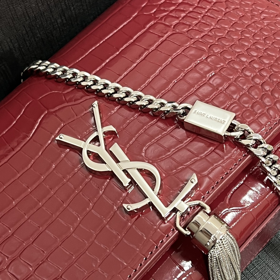YSL KATE MEDIUM TASSEL IN CROCODILE-EMBOSSED LEATHER RED 9.4 X 5.7 X 2.1 INCHES