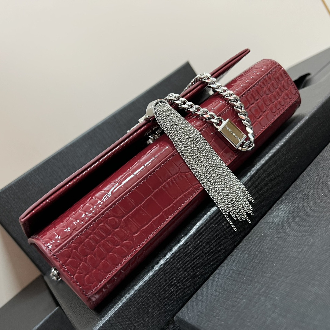YSL KATE MEDIUM TASSEL IN CROCODILE-EMBOSSED LEATHER RED 9.4 X 5.7 X 2.1 INCHES