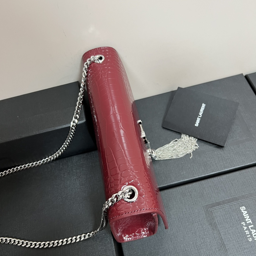 YSL KATE MEDIUM TASSEL IN CROCODILE-EMBOSSED LEATHER RED 9.4 X 5.7 X 2.1 INCHES