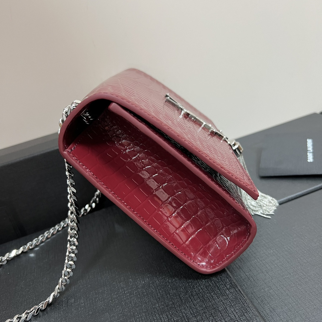 YSL KATE MEDIUM TASSEL IN CROCODILE-EMBOSSED LEATHER RED 9.4 X 5.7 X 2.1 INCHES