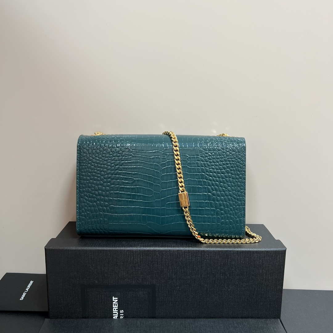 YSL KATE MEDIUM TASSEL IN CROCODILE-EMBOSSED LEATHER BLUE 9.4 X 5.7 X 2.1 INCHES
