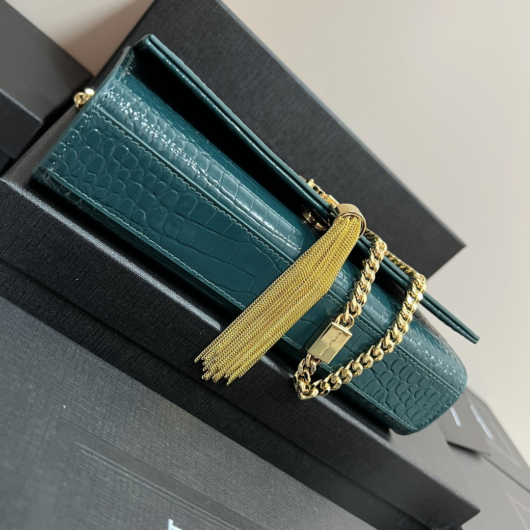 YSL KATE MEDIUM TASSEL IN CROCODILE-EMBOSSED LEATHER BLUE 9.4 X 5.7 X 2.1 INCHES