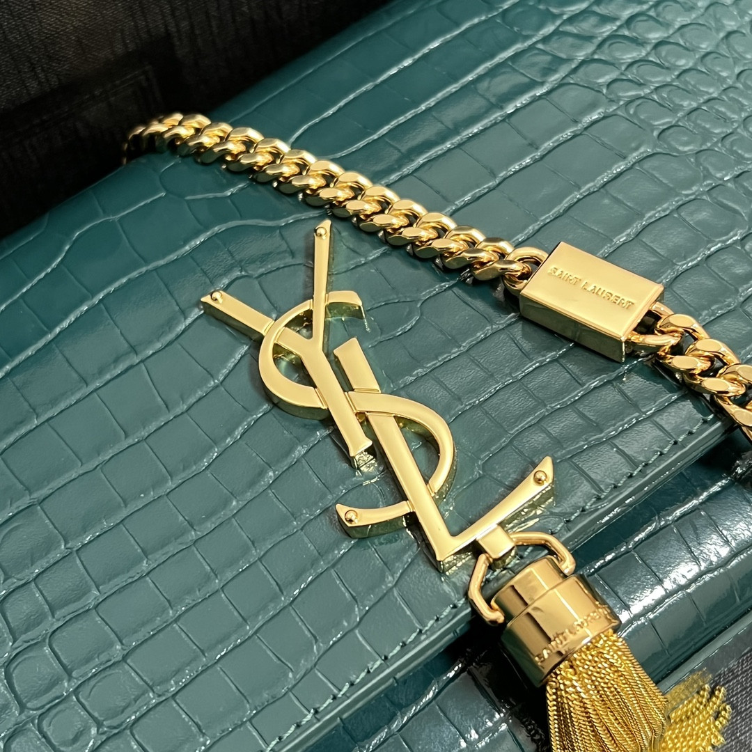 YSL KATE MEDIUM TASSEL IN CROCODILE-EMBOSSED LEATHER BLUE 9.4 X 5.7 X 2.1 INCHES