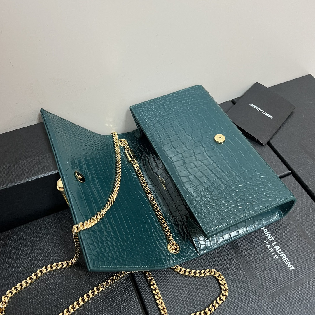 YSL KATE MEDIUM TASSEL IN CROCODILE-EMBOSSED LEATHER BLUE 9.4 X 5.7 X 2.1 INCHES