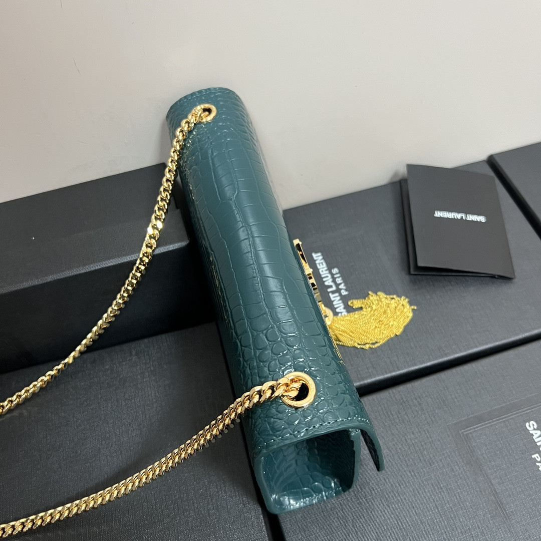 YSL KATE MEDIUM TASSEL IN CROCODILE-EMBOSSED LEATHER BLUE 9.4 X 5.7 X 2.1 INCHES