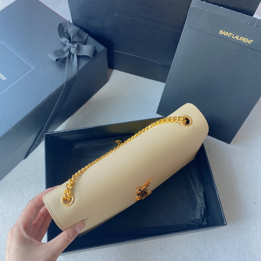 YSL KATE MEDIUM IN GRAIN DE POUDRE EMBOSSED LEATHER DARK BEIGE 9.4 X 5.7 X 2.1 INCHES