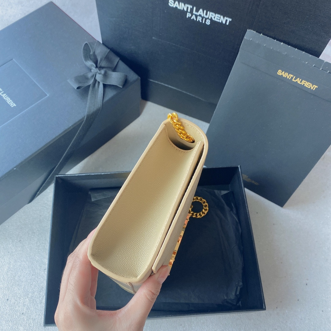 YSL KATE MEDIUM IN GRAIN DE POUDRE EMBOSSED LEATHER DARK BEIGE 9.4 X 5.7 X 2.1 INCHES