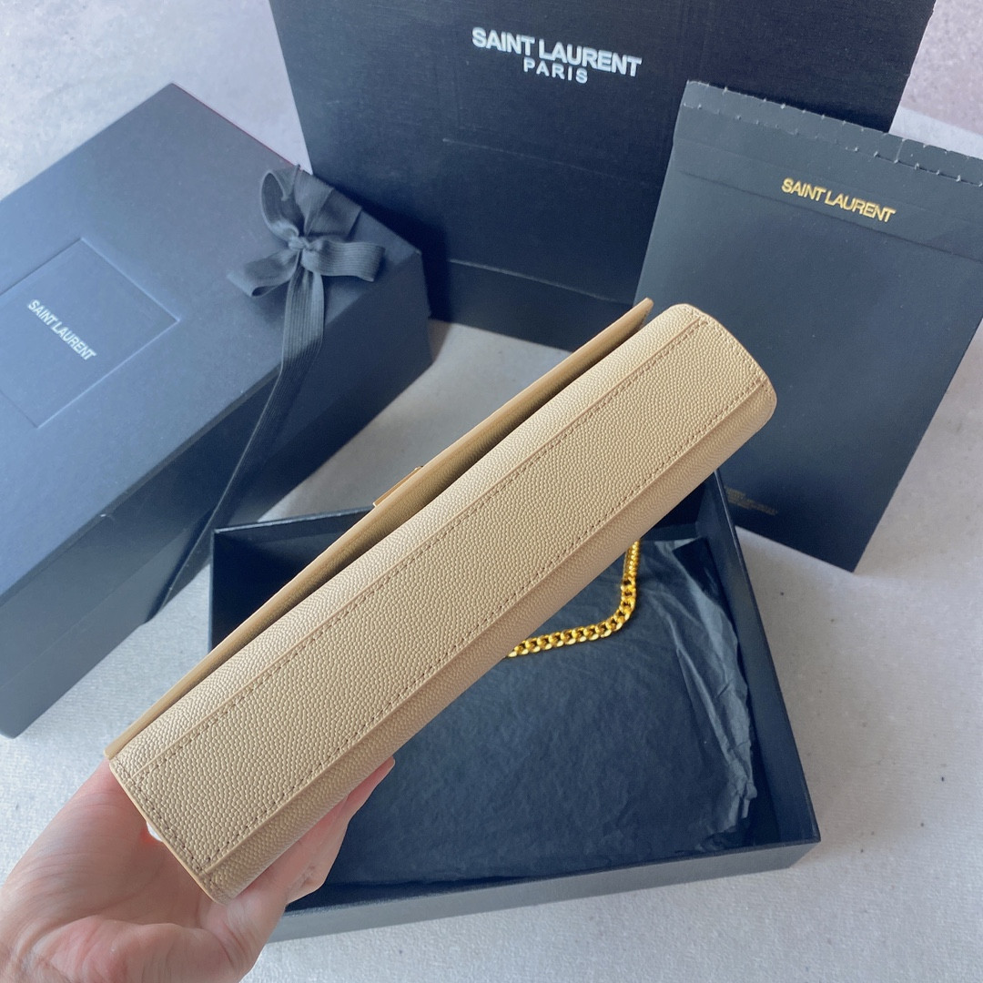 YSL KATE MEDIUM IN GRAIN DE POUDRE EMBOSSED LEATHER DARK BEIGE 9.4 X 5.7 X 2.1 INCHES