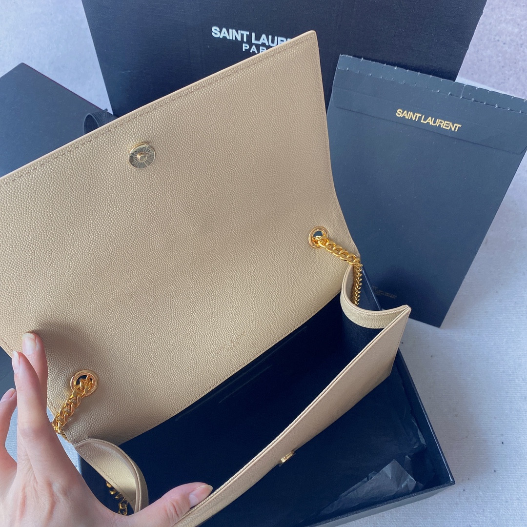 YSL KATE MEDIUM IN GRAIN DE POUDRE EMBOSSED LEATHER DARK BEIGE 9.4 X 5.7 X 2.1 INCHES