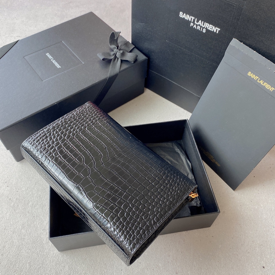 YSL KATE MEDIUM TASSEL IN CROCODILE-EMBOSSED LEATHER BLACK 9.4 X 5.7 X 2.1 INCHES