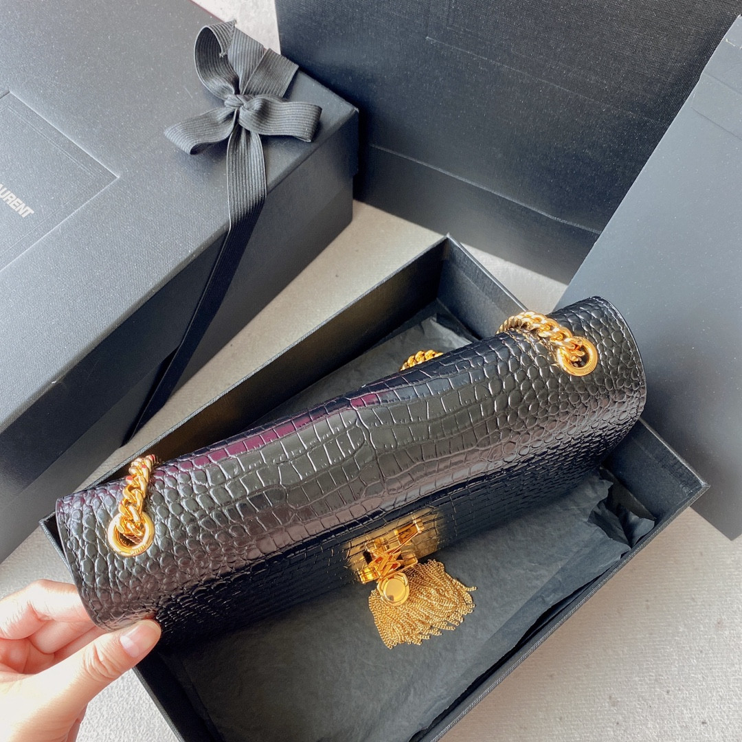 YSL KATE MEDIUM TASSEL IN CROCODILE-EMBOSSED LEATHER BLACK 9.4 X 5.7 X 2.1 INCHES