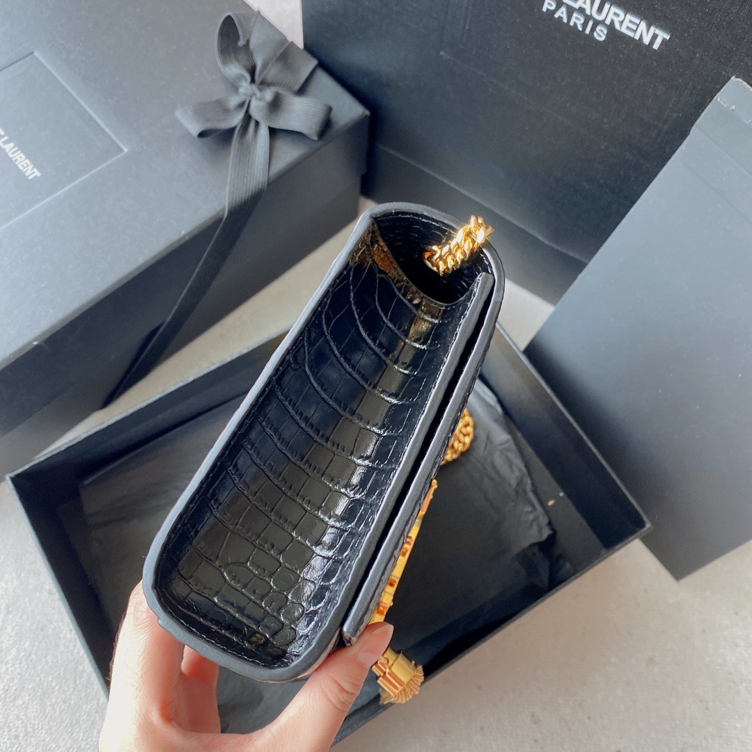 YSL KATE MEDIUM TASSEL IN CROCODILE-EMBOSSED LEATHER BLACK 9.4 X 5.7 X 2.1 INCHES