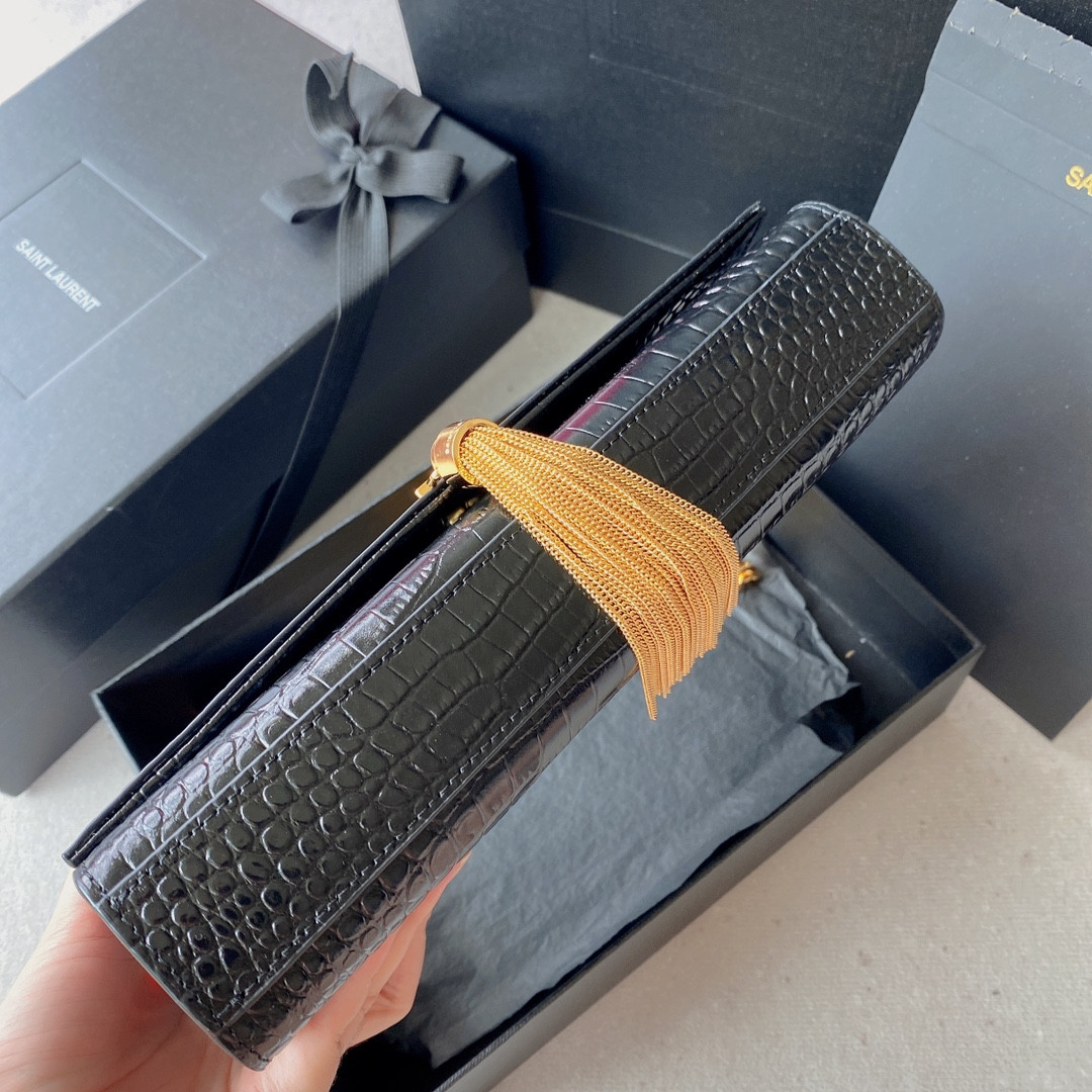 YSL KATE MEDIUM TASSEL IN CROCODILE-EMBOSSED LEATHER BLACK 9.4 X 5.7 X 2.1 INCHES