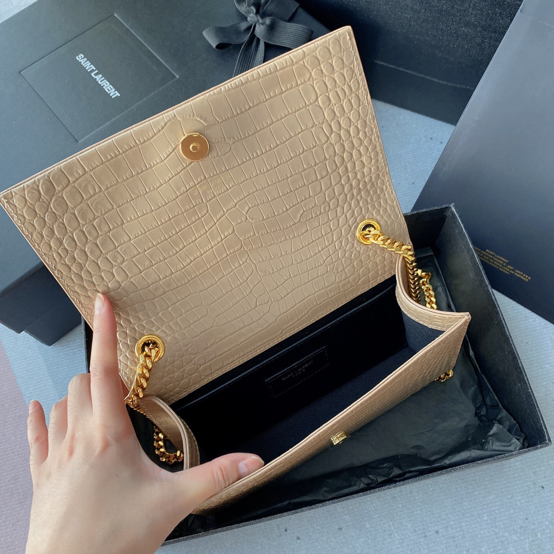 YSL KATE MEDIUM TASSEL IN CROCODILE-EMBOSSED LEATHER PINK 9.4 X 5.7 X 2.1 INCHES