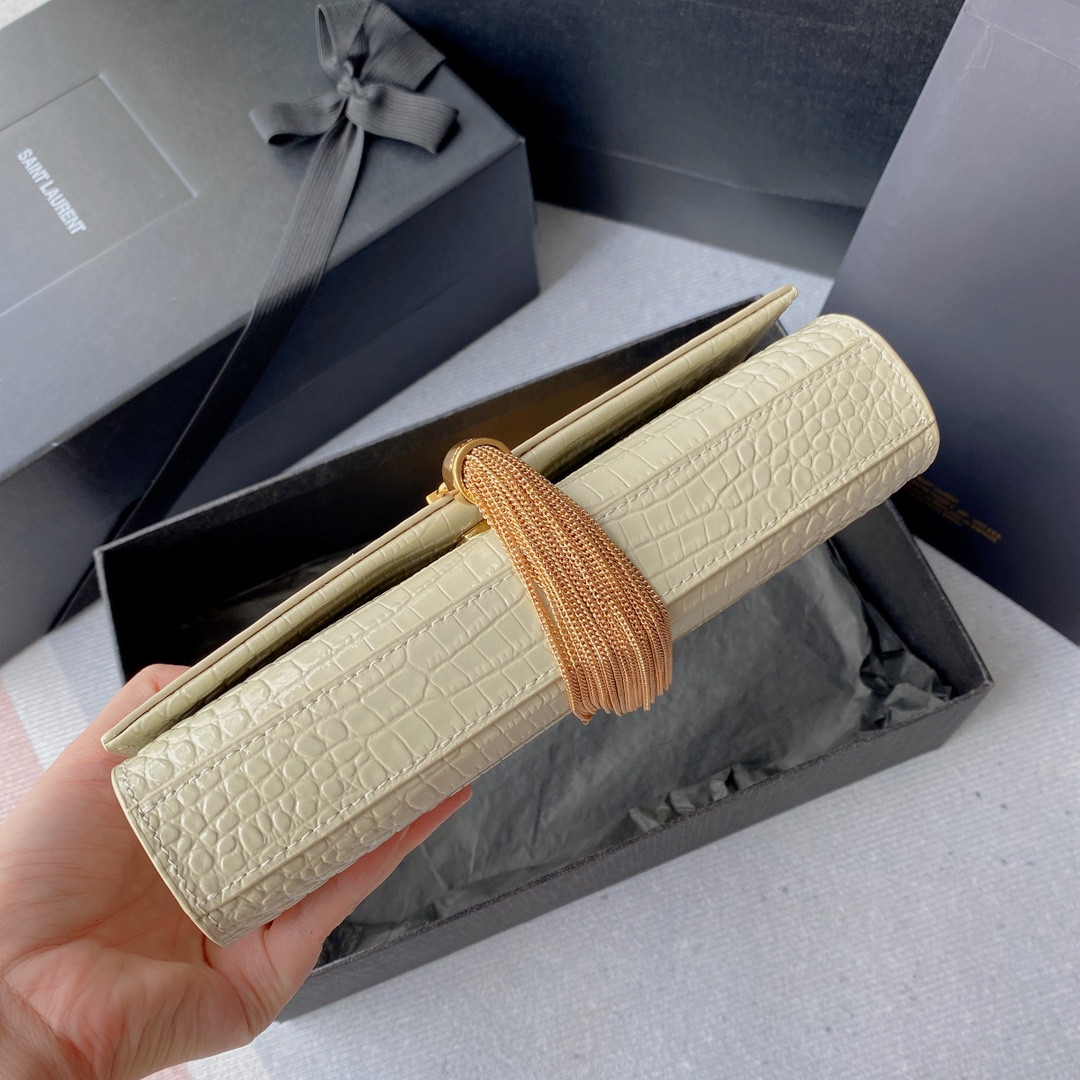 YSL KATE MEDIUM TASSEL IN CROCODILE-EMBOSSED LEATHER WHITE 9.4 X 5.7 X 2.1 INCHES