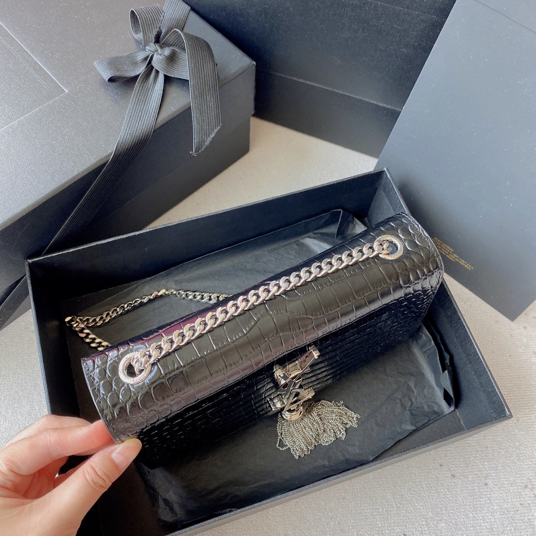 YSL KATE MEDIUM TASSEL IN CROCODILE-EMBOSSED LEATHER BLACK 9.4 X 5.7 X 2.1 INCHES