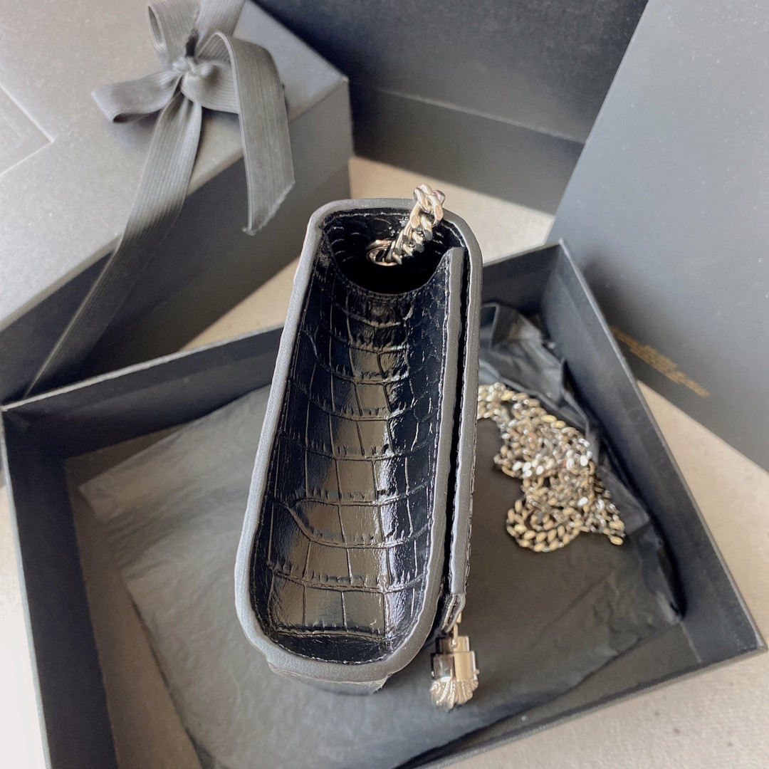 YSL KATE MEDIUM TASSEL IN CROCODILE-EMBOSSED LEATHER BLACK 9.4 X 5.7 X 2.1 INCHES