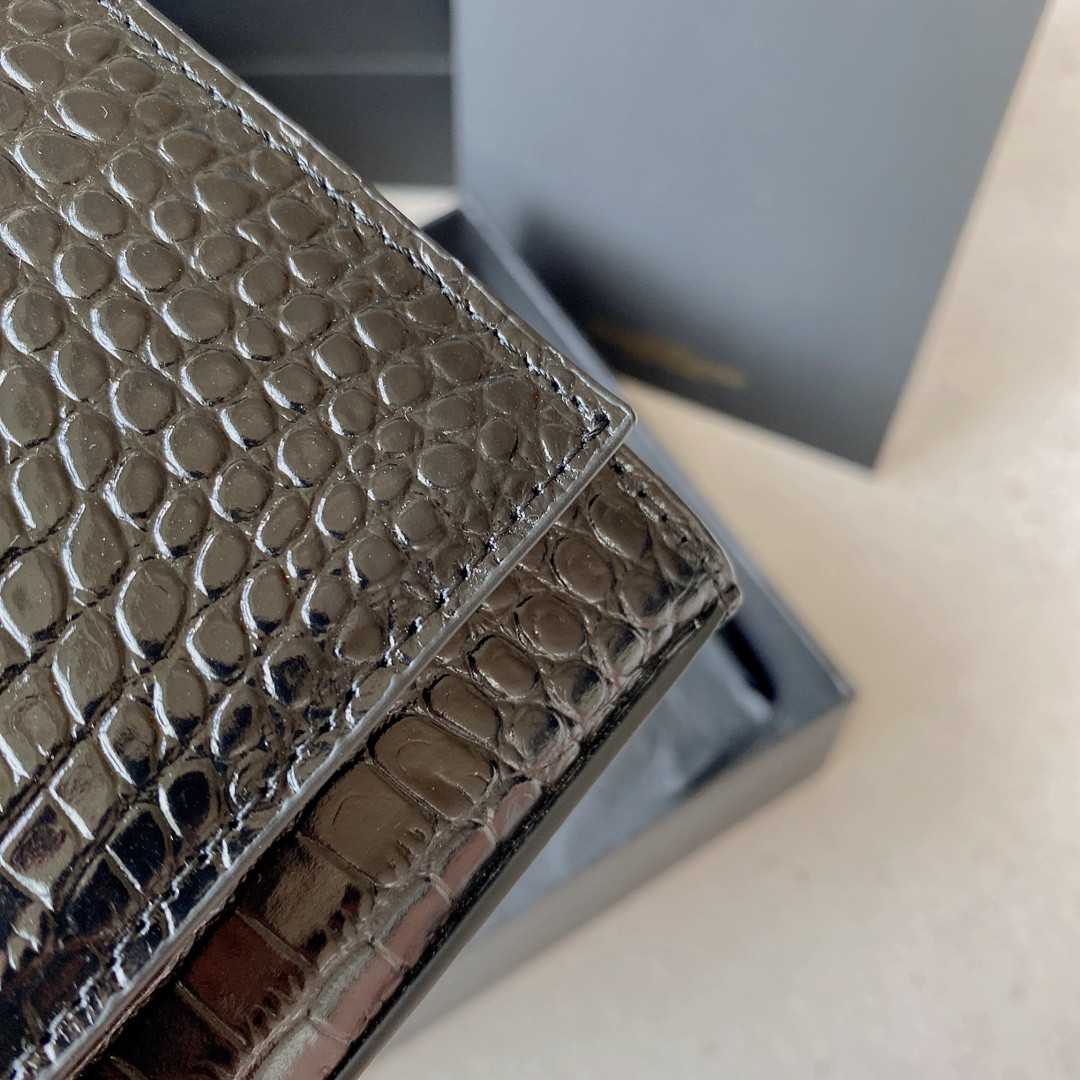 YSL KATE MEDIUM TASSEL IN CROCODILE-EMBOSSED LEATHER BLACK 9.4 X 5.7 X 2.1 INCHES