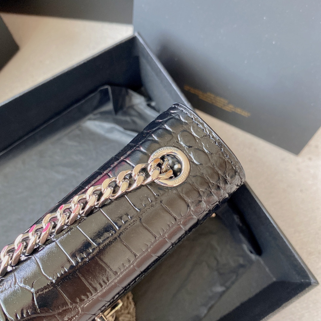 YSL KATE MEDIUM TASSEL IN CROCODILE-EMBOSSED LEATHER BLACK 9.4 X 5.7 X 2.1 INCHES