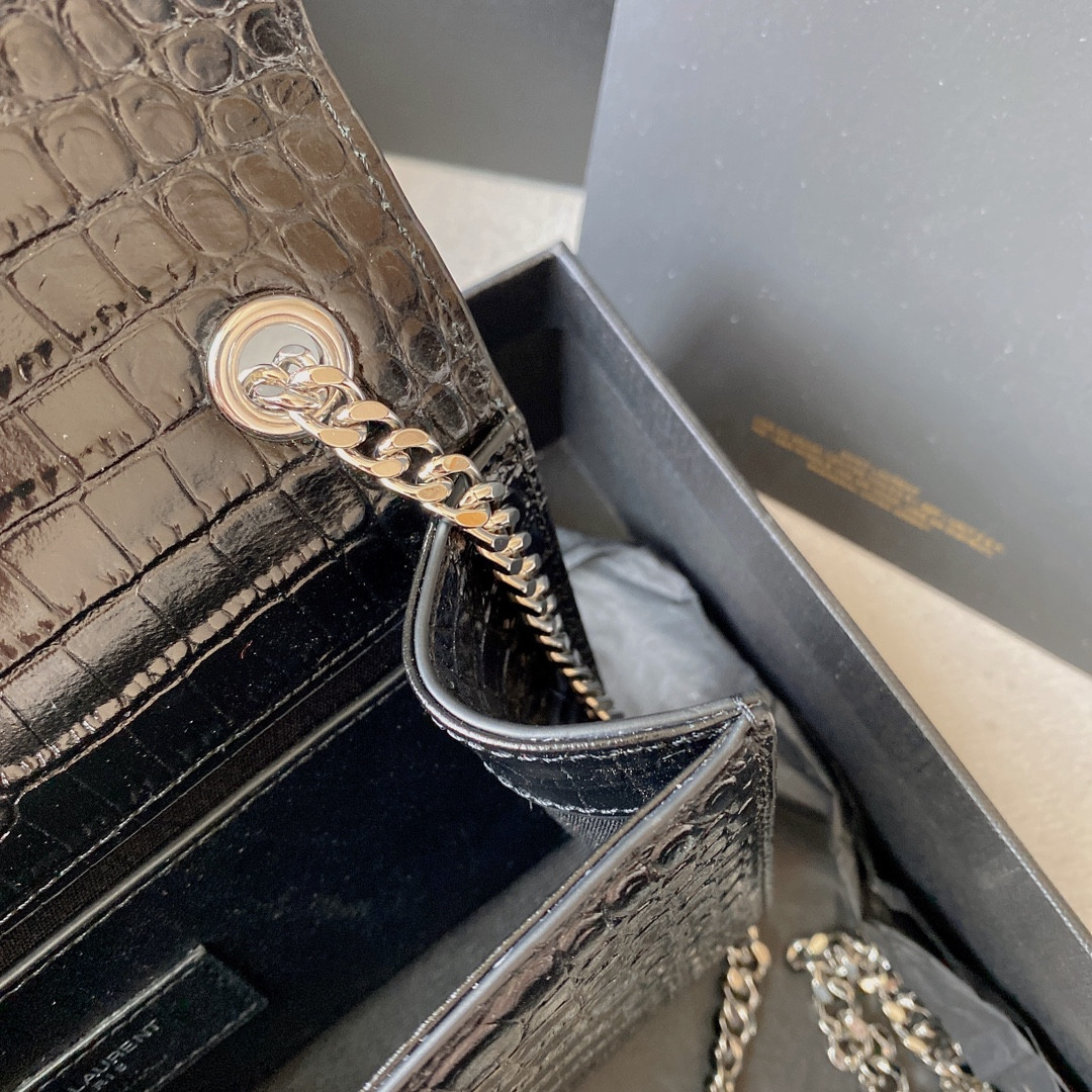 YSL KATE MEDIUM TASSEL IN CROCODILE-EMBOSSED LEATHER BLACK 9.4 X 5.7 X 2.1 INCHES