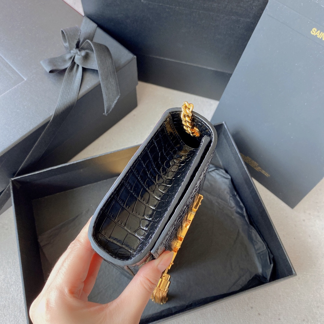 YSL KATE SMALL IN GRAIN DE POUDRE EMBOSSED LEATHER BLACK 7.8 X 4.9 X 1.9 INCHES