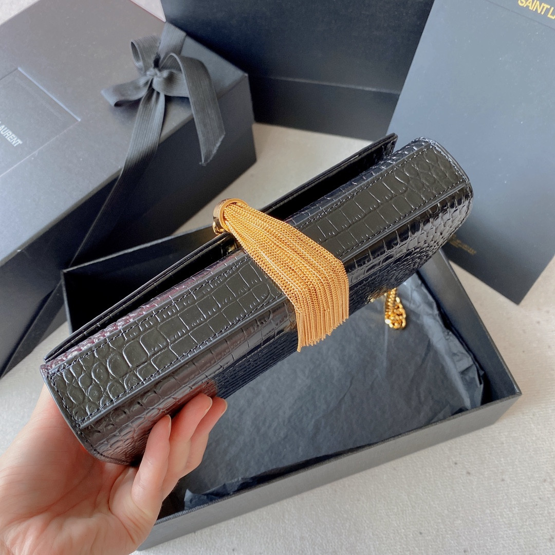 YSL KATE SMALL IN GRAIN DE POUDRE EMBOSSED LEATHER BLACK 7.8 X 4.9 X 1.9 INCHES