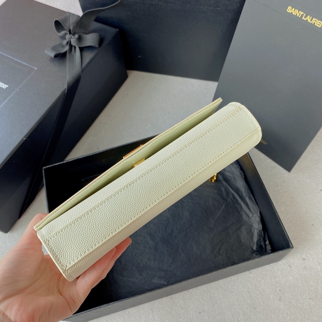 YSL KATE SMALL IN GRAIN DE POUDRE EMBOSSED LEATHER WHITE 7.8 X 4.9 X 1.9 INCHES