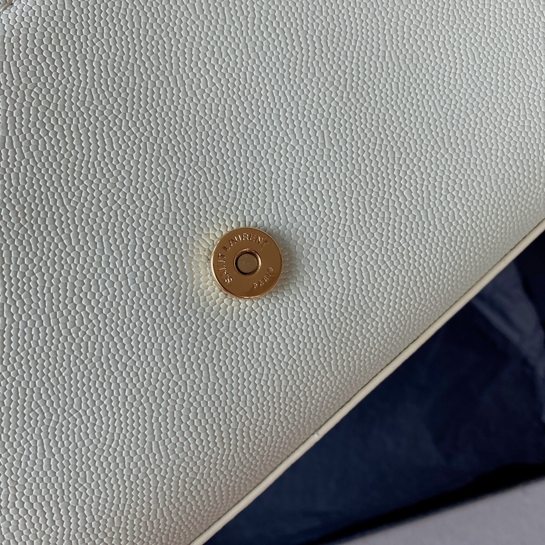 YSL KATE SMALL IN GRAIN DE POUDRE EMBOSSED LEATHER WHITE 7.8 X 4.9 X 1.9 INCHES