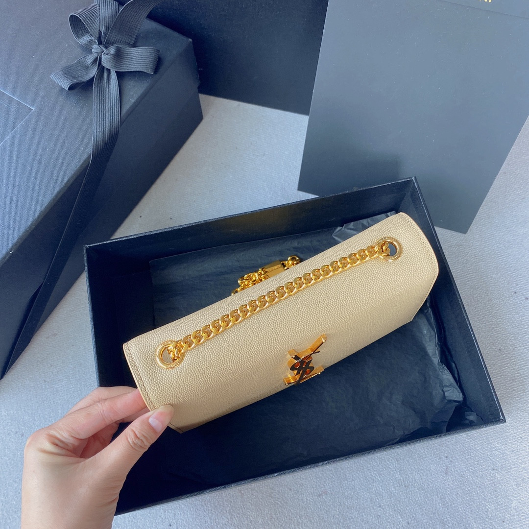 YSL KATE SMALL IN GRAIN DE POUDRE EMBOSSED LEATHER LIGHT YELLOW GOLD 7.8 X 4.9 X 1.9 INCHES